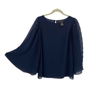 MM Couture Miss Me Pleated Flare Sleeve Top size Medium Navy Blue Chiffon Blouse